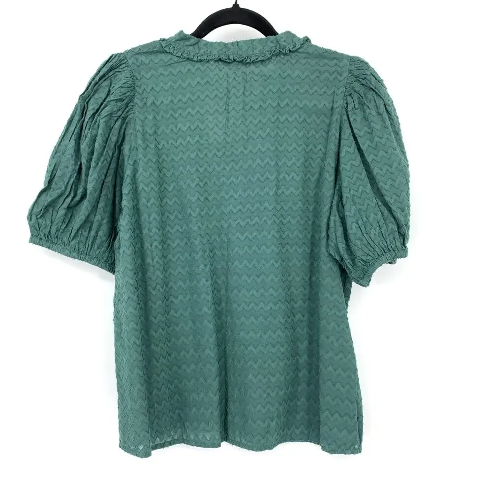 Saison de la Fleur Textured Blouse Womens Medium Puff Sleeve Green Boho Top NWT - Picture 2 of 7
